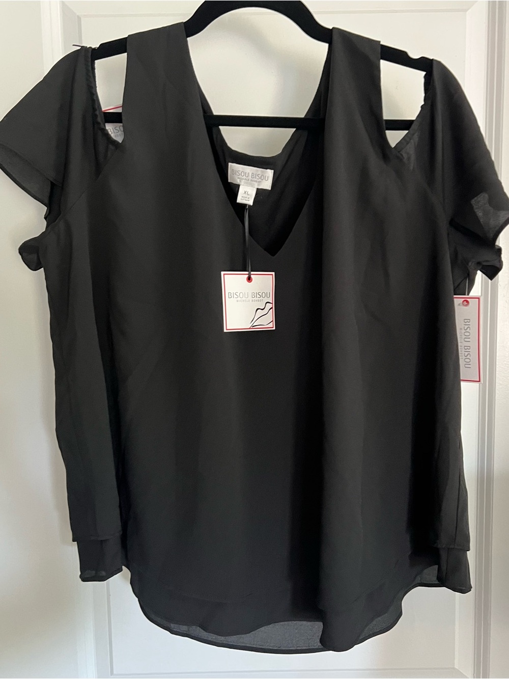 Bisou Bisou Black Cold-Shoulder V-Neck Blouse with Layered Hem